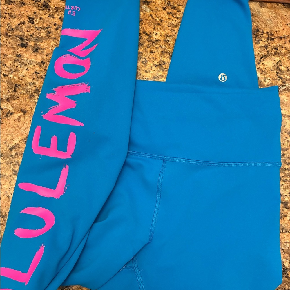 lululemon athletica Blue Leggings with Pink Logo